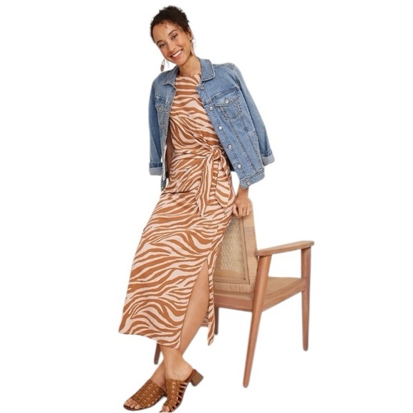 Animal Print NEW Brown Tan Academia Waist Tie Party Maxi Dress Size XS - Picture 3 of 10